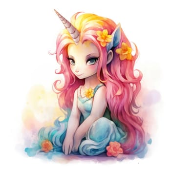 Watercolor small cute unicorn with flowers isolated on white background. Template for poster, t-shirt, sticker, toy, etc. Decorative element for design