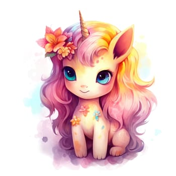 Watercolor small cute unicorn with flowers isolated on white background. Template for poster, t-shirt, sticker, toy, etc. Decorative element for design