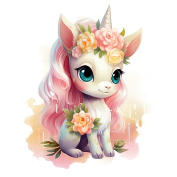 Watercolor small cute unicorn with flowers isolated on white background. Template for poster, t-shirt, sticker, toy, etc. Decorative element for design