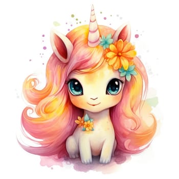 Watercolor small cute unicorn with flowers isolated on white background. Template for poster, t-shirt, sticker, toy, etc. Decorative element for design
