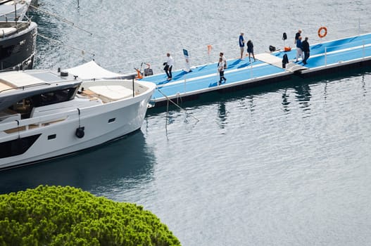 Monaco, Monte Carlo, 27 September 2022 - a lot of luxury yachts at the famous motorboat exhibition in the principality, the most expensive boats for the richest people around the world, yacht brokers. High quality photo