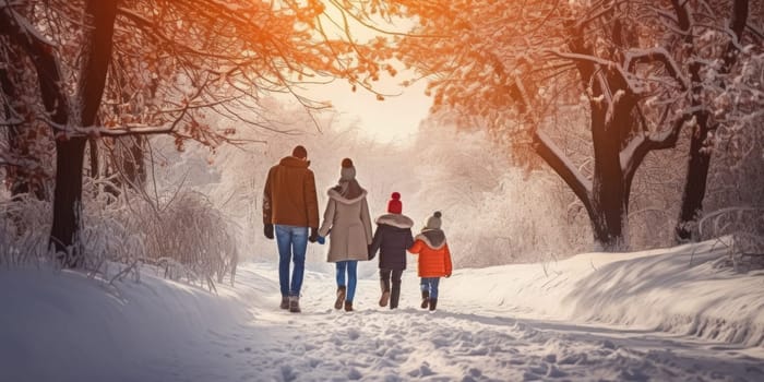 Happy family Father, mother and children are having fun and playing on snowy winter walk in nature. comeliness