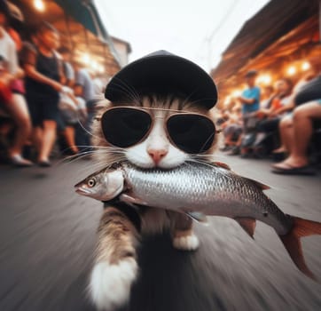 funny cat confident wear cap and sunglass escape walk quiet from market with stolen raw sad fish ai art generated