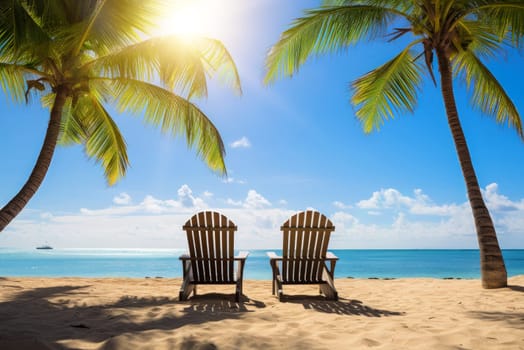 Beach with palm trees and two seats. Holiday and travel concept