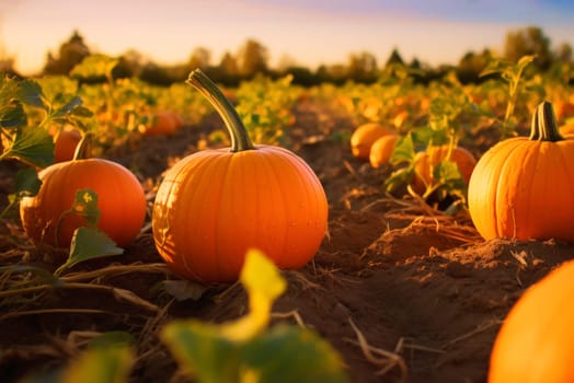 Pumpkin on the field at sunset. Generative AI