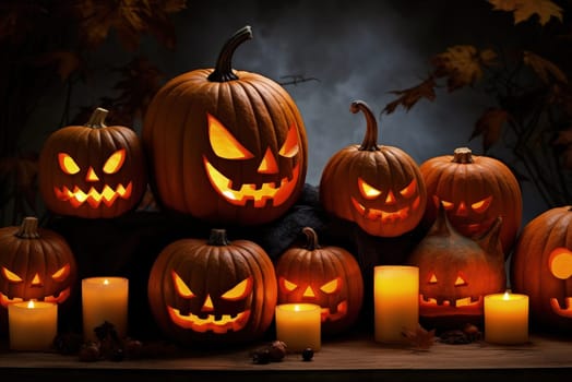 Halloween jack o lantern with pumpkins, generative AI
