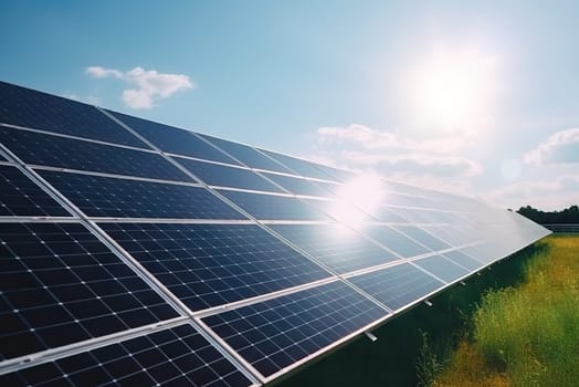 Solar power plant. Photovoltaic farm. Generative AI