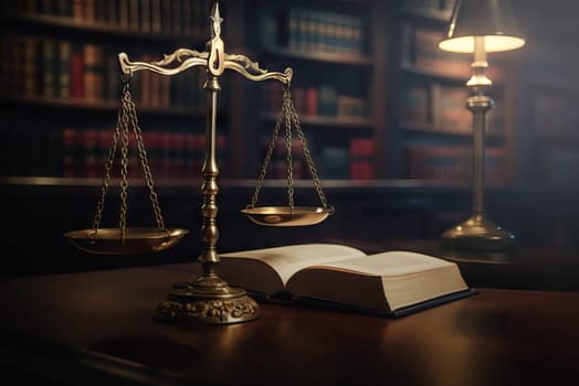 Scales of justice and books. Law concept. Generative AI