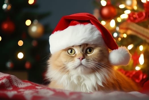 Cat with Santa Claus hat, Christmas concept with Christmas tree in background