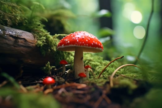 Amanita muscaria fly mushroom close up, generative AI