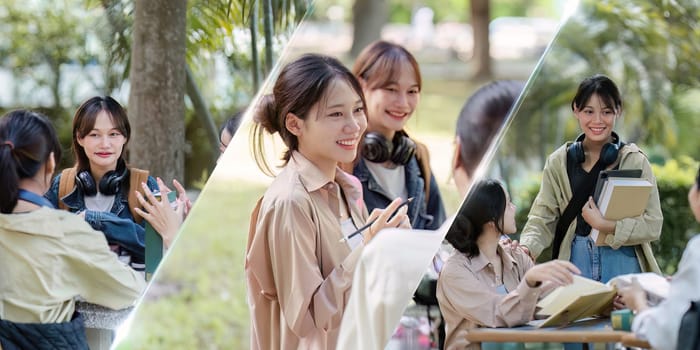 Group of Young Asian student walking and talking at university before class room. education, back to school concept.