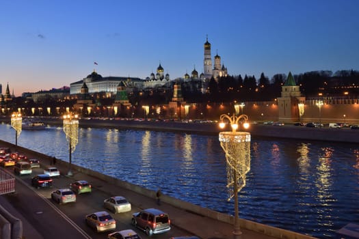 Moscow, Russia - FEB 21. 2020. The Kremlin from river at sunset