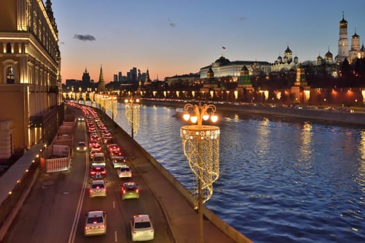 Moscow, Russia - FEB 21. 2020. The Kremlin from river at sunset