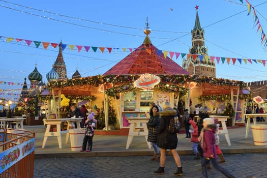 Moscow, Russia - FEB 21. 2020. New Year's GUM fair on the Red Square