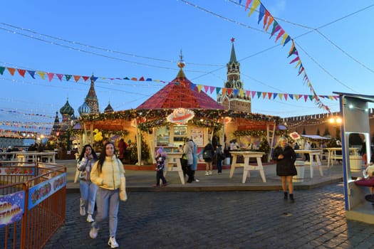 Moscow, Russia - FEB 21. 2020. New Year's GUM fair on the Red Square