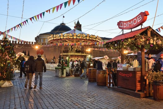 Moscow, Russia - FEB 21. 2020. New Year's GUM fair on the Red Square