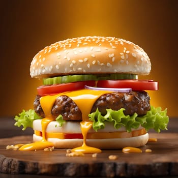 The fresh and delicious cheesy double hamburger with fries on a table in the restaurant.