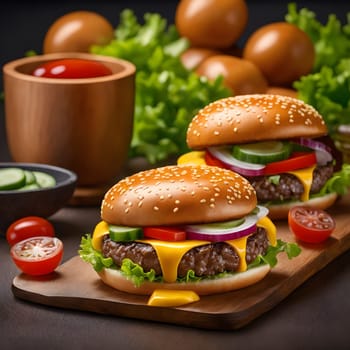 The fresh and delicious cheesy double hamburger with fries on a table in the restaurant.