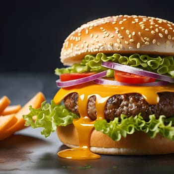 The fresh and delicious cheesy double hamburger with fries on a table in the restaurant.