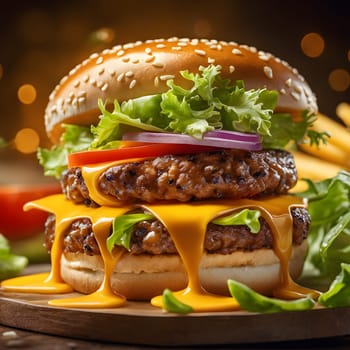 The fresh and delicious cheesy double hamburger with fries on a table in the restaurant.