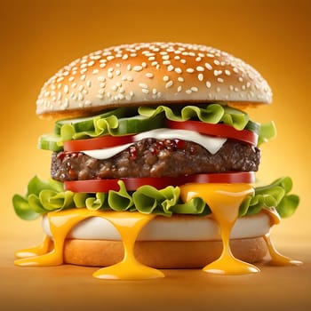 The fresh and delicious cheesy double hamburger with fries on a table in the restaurant.