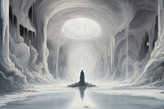 Female figure in an ice castle. AI generated