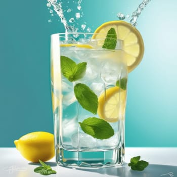 Homemade refreshing lemonade with lemon slice, mint leaves and ice cubes in a glass on a blue color background