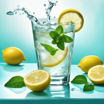 Homemade refreshing lemonade with lemon slice, mint leaves and ice cubes in a glass on a blue color background