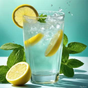 Homemade refreshing lemonade with lemon slice, mint leaves and ice cubes in a glass on a blue color background