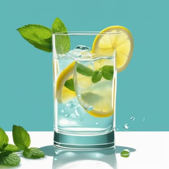 Homemade refreshing lemonade with lemon slice, mint leaves and ice cubes in a glass on a blue color background