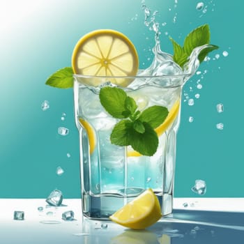 Homemade refreshing lemonade with lemon slice, mint leaves and ice cubes in a glass on a blue color background