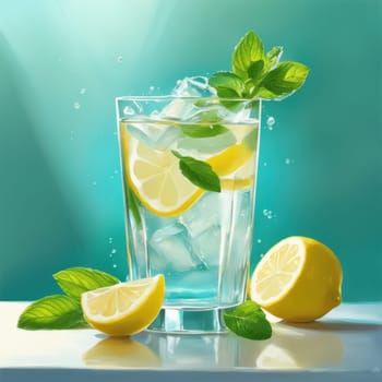 Homemade refreshing lemonade with lemon slice, mint leaves and ice cubes in a glass on a blue color background