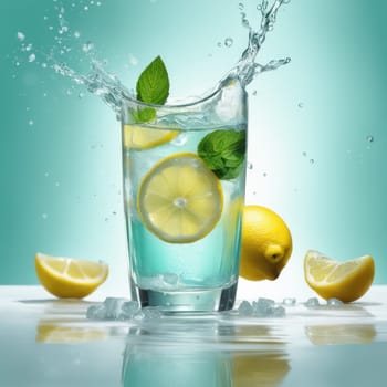 Homemade refreshing lemonade with lemon slice, mint leaves and ice cubes in a glass on a blue color background