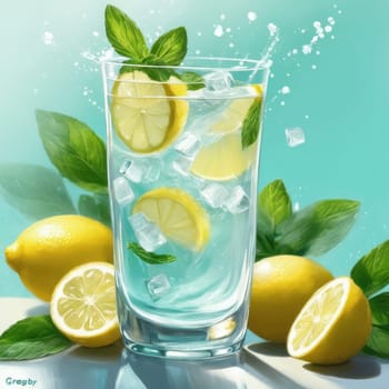 Homemade refreshing lemonade with lemon slice, mint leaves and ice cubes in a glass on a blue color background