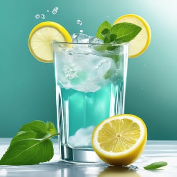 Homemade refreshing lemonade with lemon slice, mint leaves and ice cubes in a glass on a blue color background