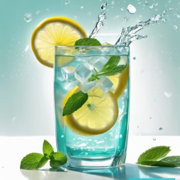 Homemade refreshing lemonade with lemon slice, mint leaves and ice cubes in a glass on a blue color background