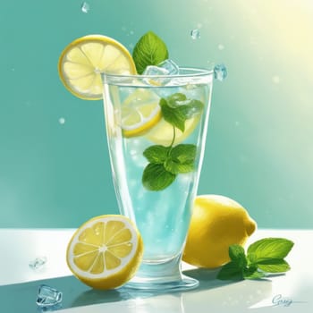 Homemade refreshing lemonade with lemon slice, mint leaves and ice cubes in a glass on a blue color background