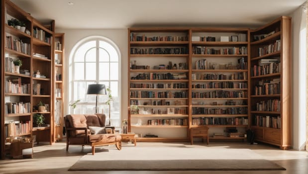 Shelves with bookcases in the living room interior