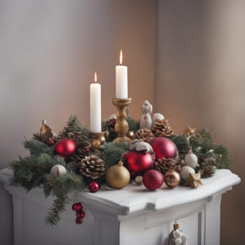 Home is decorated with Christmas ornaments, and gift boxes, as well as a light decoration with candles.