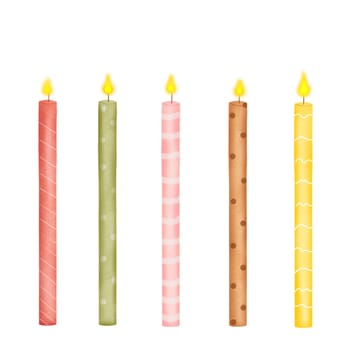 Watercolor set of cute candles for a birthday cake. Multicolored hand drawn set on white background isolate. For the design of cards and invitations for holidays. High quality photo