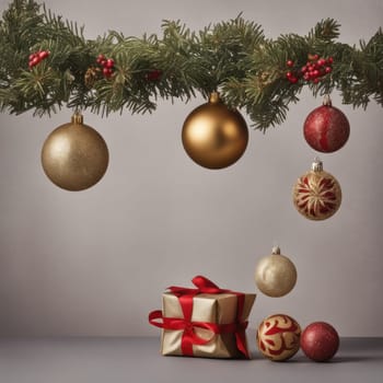 Close-UP of Christmas Tree, Gold and Silver Ornaments against a Defocused Lights Background