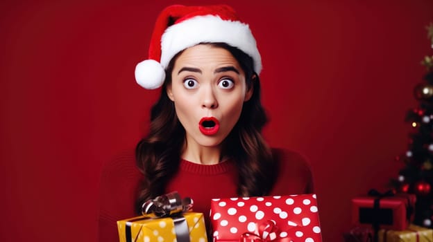 Surprised girl in Santa Claus hat holding gift box. Christmas holidays. Boxing Day shopping. Holiday shopping.