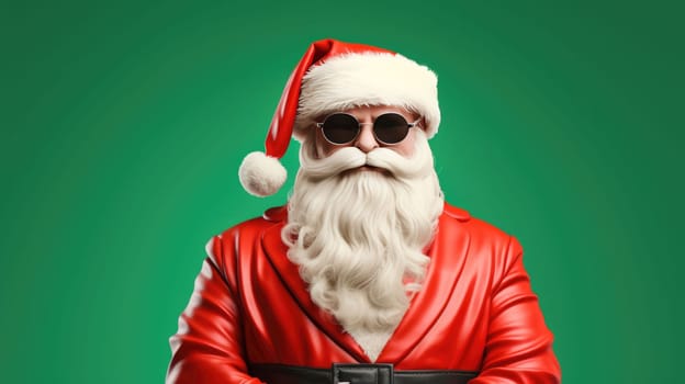 Portrait of funny crazy hipster Santa Claus in red hat fun Christmas x-mas party celebrate New year time dance on green background