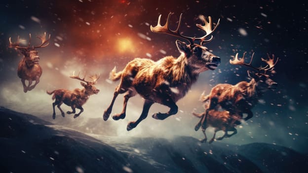Santa Claus's reindeers are flying in sky over Christmas night city. Winter holiday magic. Seasonal greetings. Shiny sparkles