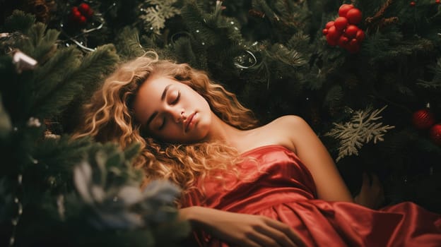 Girl teenager sleeping under the Christmas tree waiting for presents. Cozy Christmas holidays.