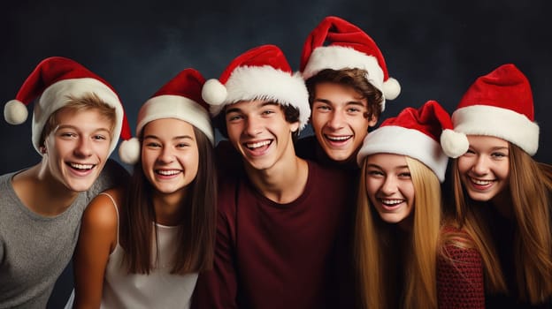 Happy teenagers wearing Santa Claus hat celebrating Christmas night together. Group of young people having new year party outside. Winter holidays concept.