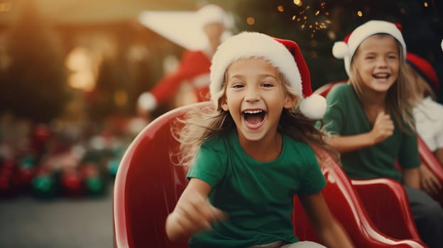 Happy kids in red Santa hat have fun and laughing. Christmas games and fun