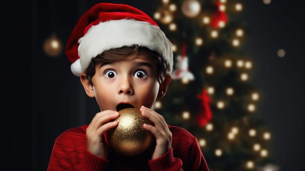 Surprised little boy in Santa Claus hat holding gift box. Christmas holidays. Boxing Day shopping. Holiday shopping.