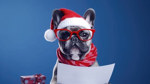 Cute puppy mops celebrating Christmas holidays wearing red Santa hat
