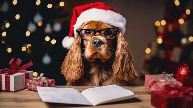 Cute puppy cocker spaniel celebrating Christmas holidays wearing red Santa hat